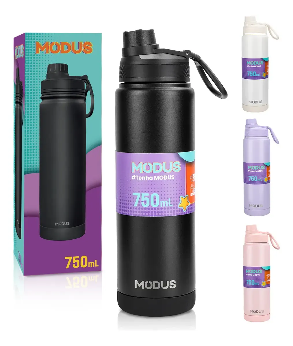 Garrafa Térmica 750ml Inoxidável 304 Bpa Free Isola Gelo 24h Portátil Anti Vazamento Para Camping Cor Preto